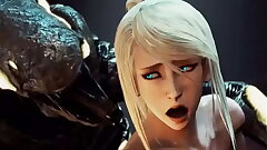 a beautiful blonde with big breasts, landed on a spaceship on a planet inhabited by Aliens. The orgy of monsters involved both Aliens and facehuggers. All beauty holes got huge cocks.